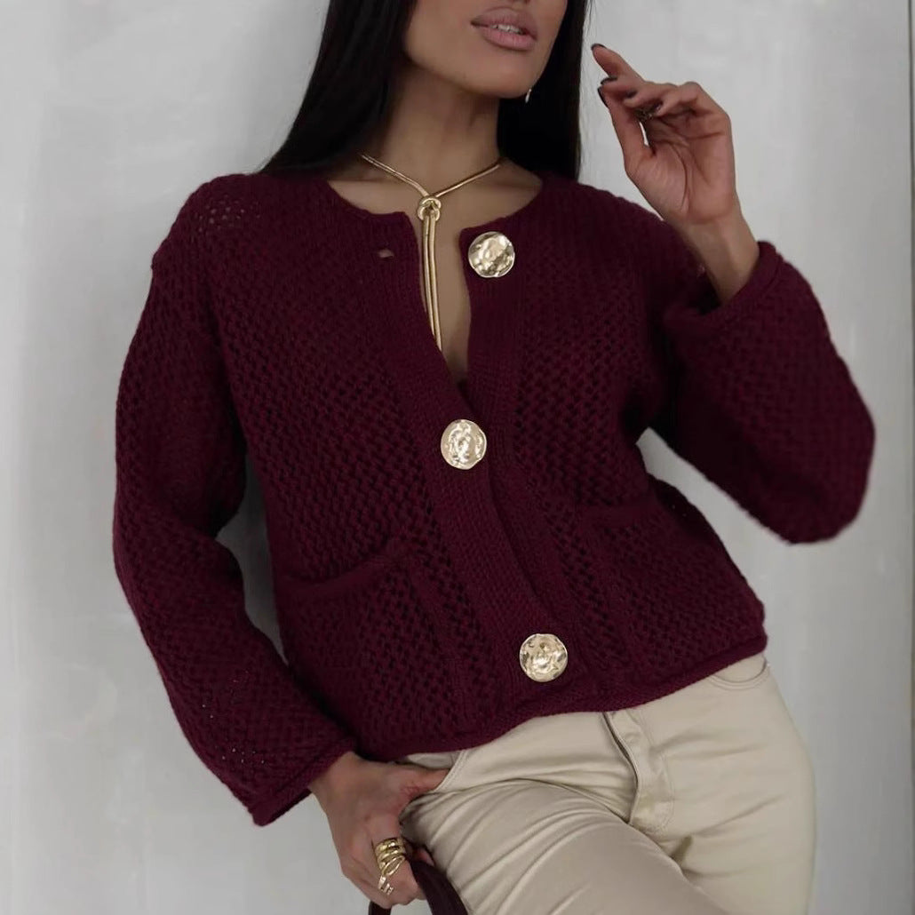 Damen luftiger Strickjacke mit dekorativem Netzdesign und praktischen Taschen Drune