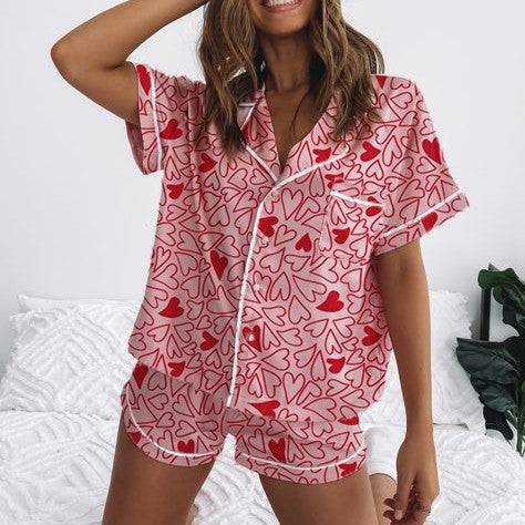 Damen Kurzarm-Pyjama-Set mit verspieltem Schleifenmuster Drune