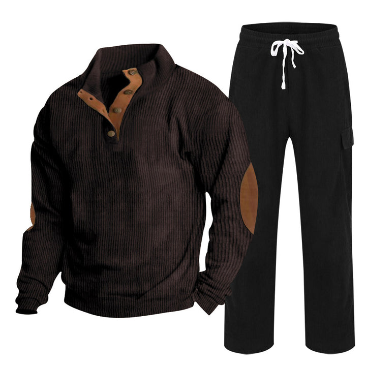 Herren Gemütliches Freizeit-Set aus Waffelstrick-Henley mit Ellenbogenpatch und Relax-Cargo-Hose Drune