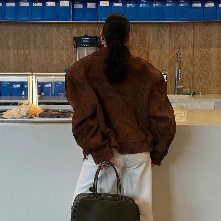 Damen Kurze Veloursleder‑Boxyjacke mit kimonoähnlichem Revers Drune