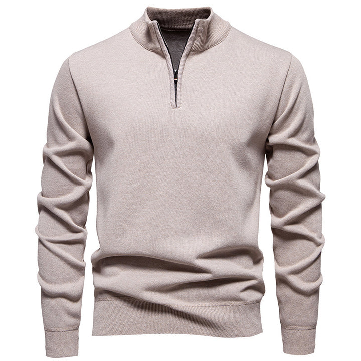Herren nan Slim-Fit Feinstrickpullover mit kurzem Reißverschluss, Stehkragen und geripptem Bund Drune