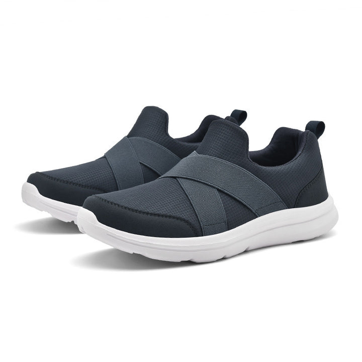Damen nan elastischer Slip-On Komfort-Sneaker mit atmungsaktivem Strickoberteil, gekreuzten Stretchriemen und dämpfender EVA-Sohle Drune
