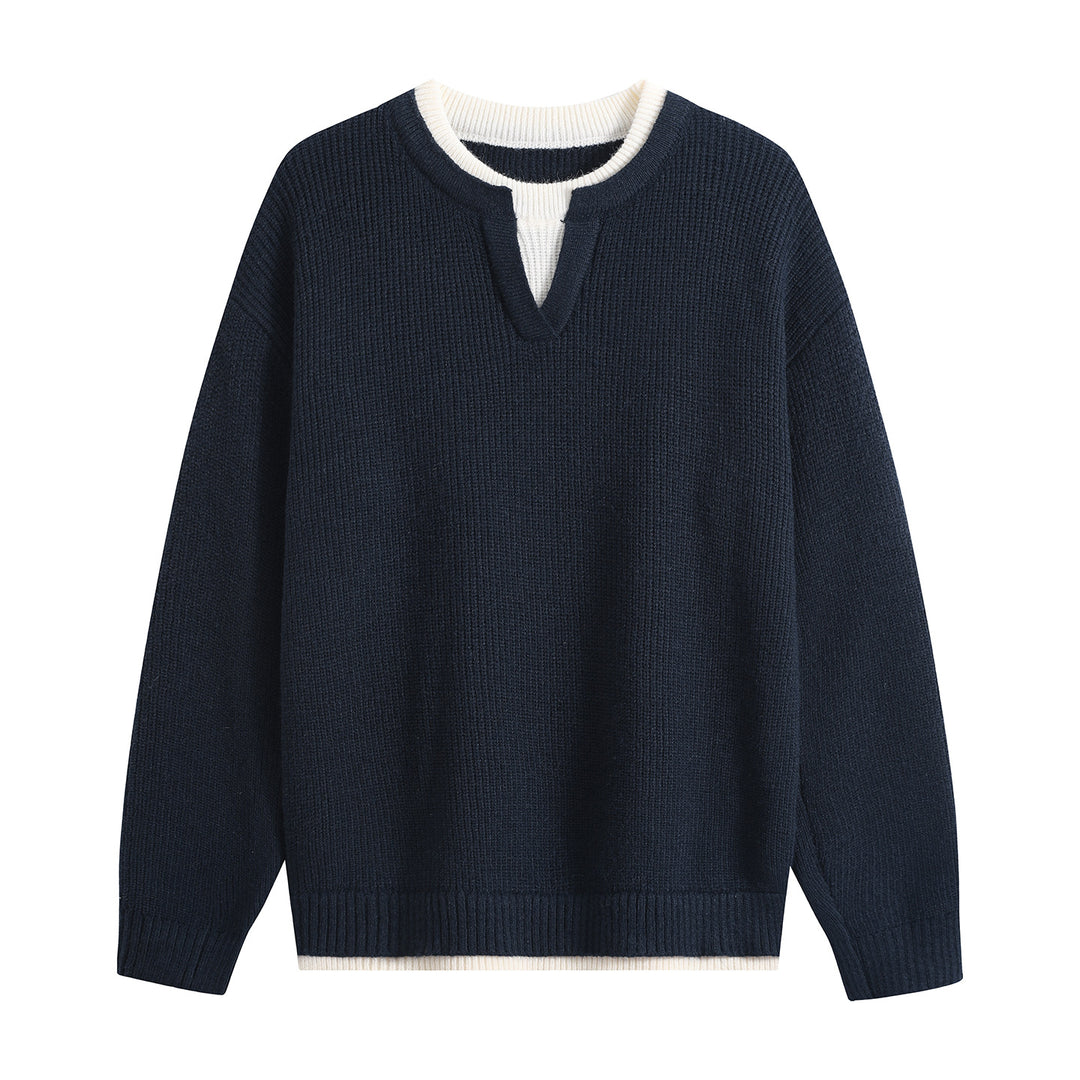 Herren Oversize-Strukturstrick-Pullover mit V‑Einsatz am Rundhals Drune
