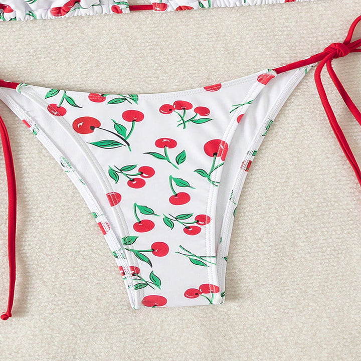 Damen Triangel-Bikini mit frischem Kirschmotiv und verstellbaren Bindebändern Drune