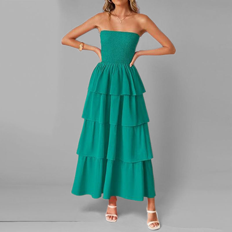 Damen Maxikleid mit schulterfreiem Design und voluminösem Stufenrock Drune