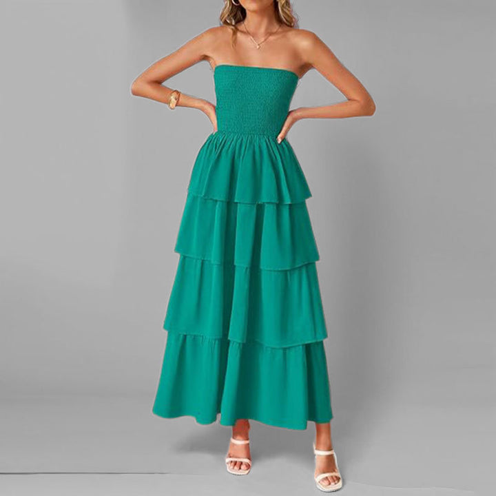 Damen Maxikleid mit schulterfreiem Design und voluminösem Stufenrock Drune