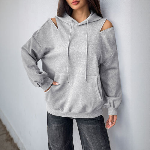 Damen Lässiger Kapuzenpullover mit Schulteröffnungen, Kängurutasche und gerippten Bündchen Drune