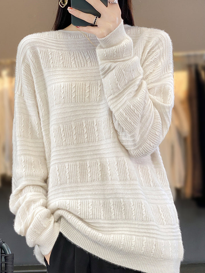 Damen Oversize-Feinstrickpullover mit Strukturblöcken, Mohair‑Look und Rundhalsausschnitt Drune