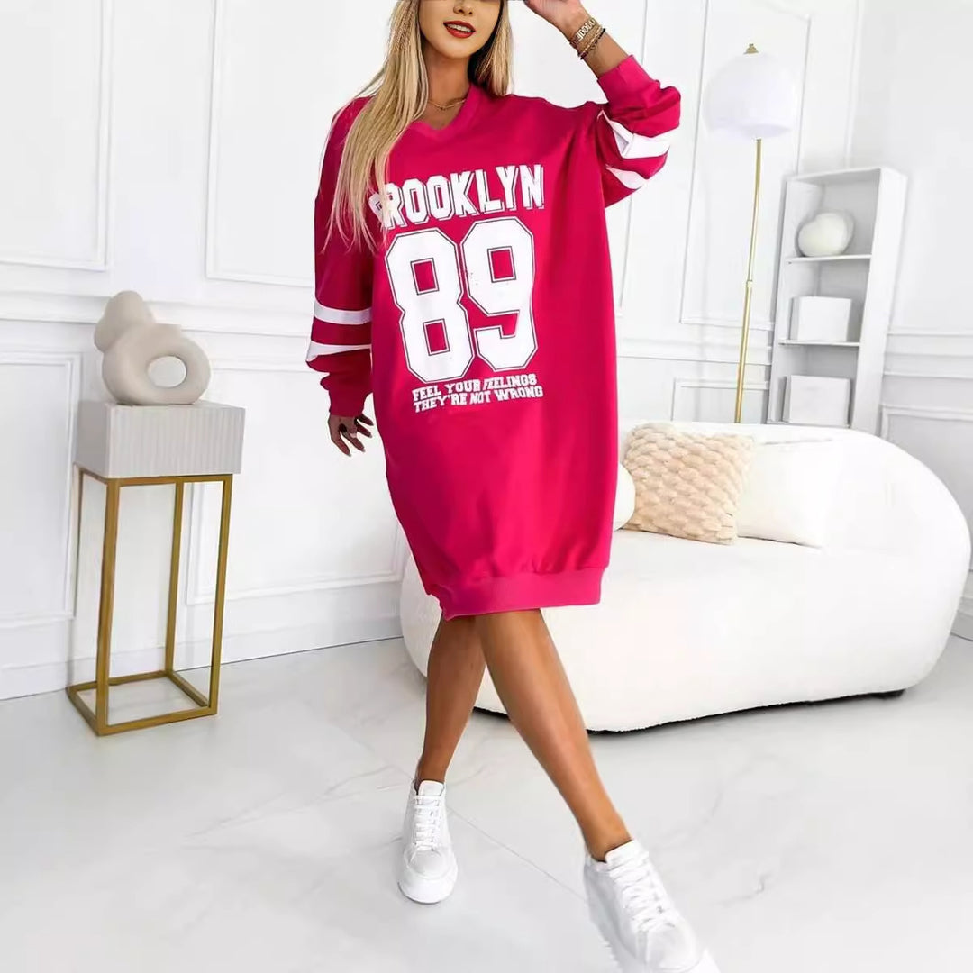 Damen lässiges oversized Sportkleid mit V-Ausschnitt und kontrastierenden Ärmeln Drune