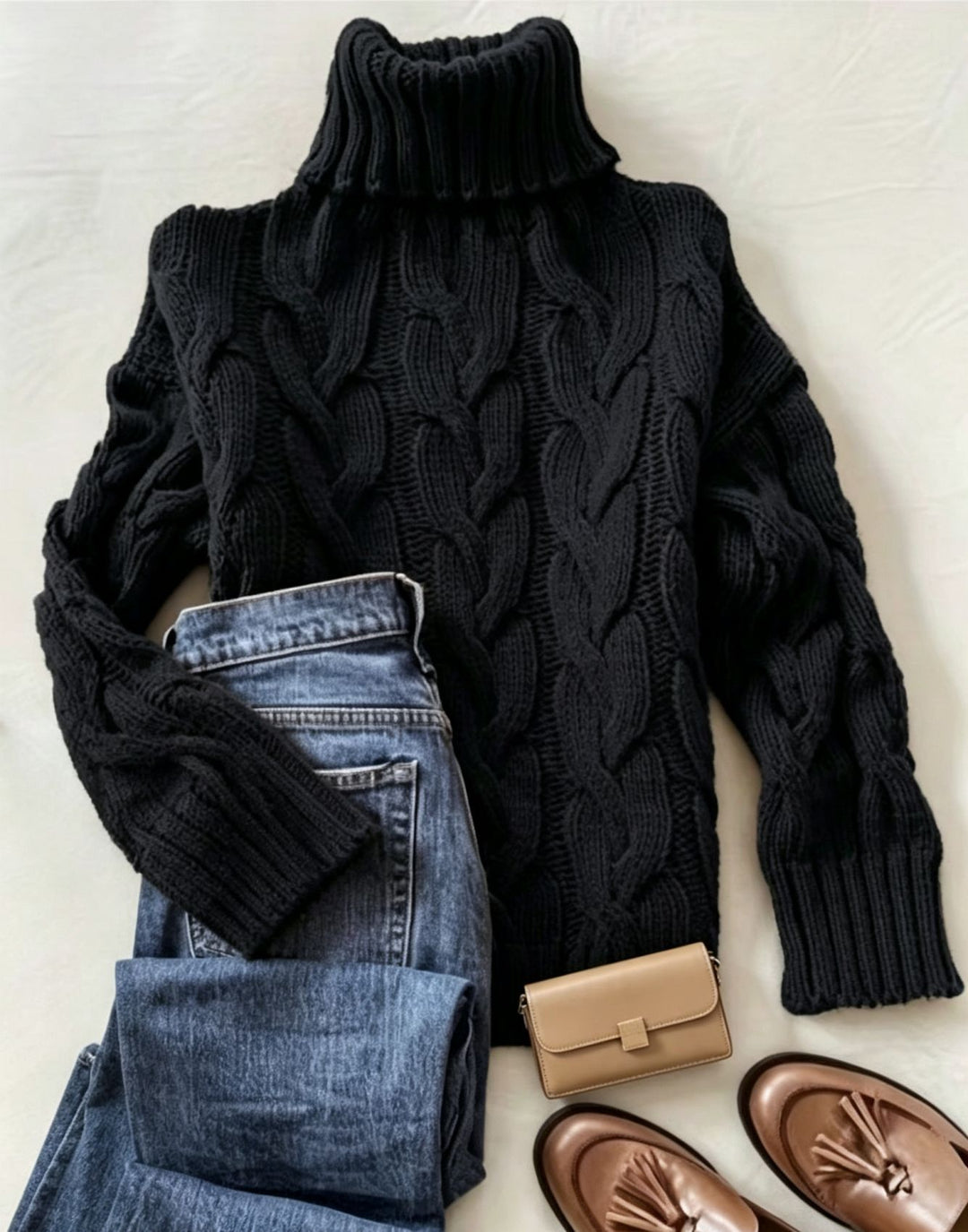 Damen Grobstrick-Rollkragenpullover mit markanten Zopfmustern und gerippten Bündchen Drune