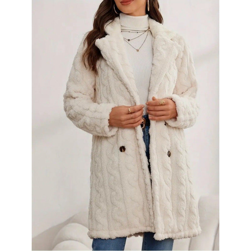 Damen Midilanger Teddy-Mantel mit Zopfmuster, Reverskragen und doppelt geknöpfter Front Drune