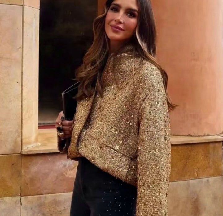 Damen Glamouröse Paillettenjacke mit kurzem Schnitt und eleganten Akzenten Drune
