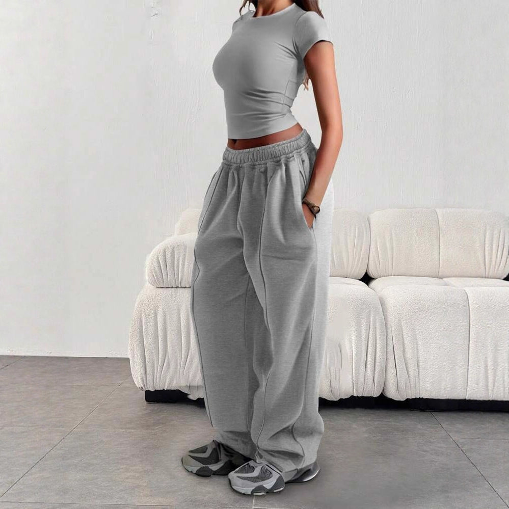 Damen nan enges Cropshirt und weite High-Waist Jogginghosen-Set Drune