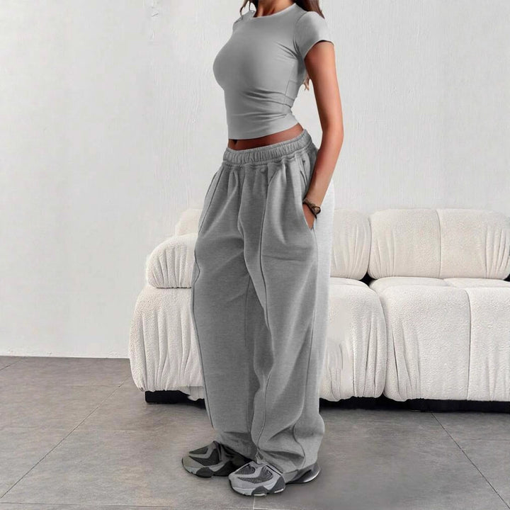 Damen nan enges Cropshirt und weite High-Waist Jogginghosen-Set Drune