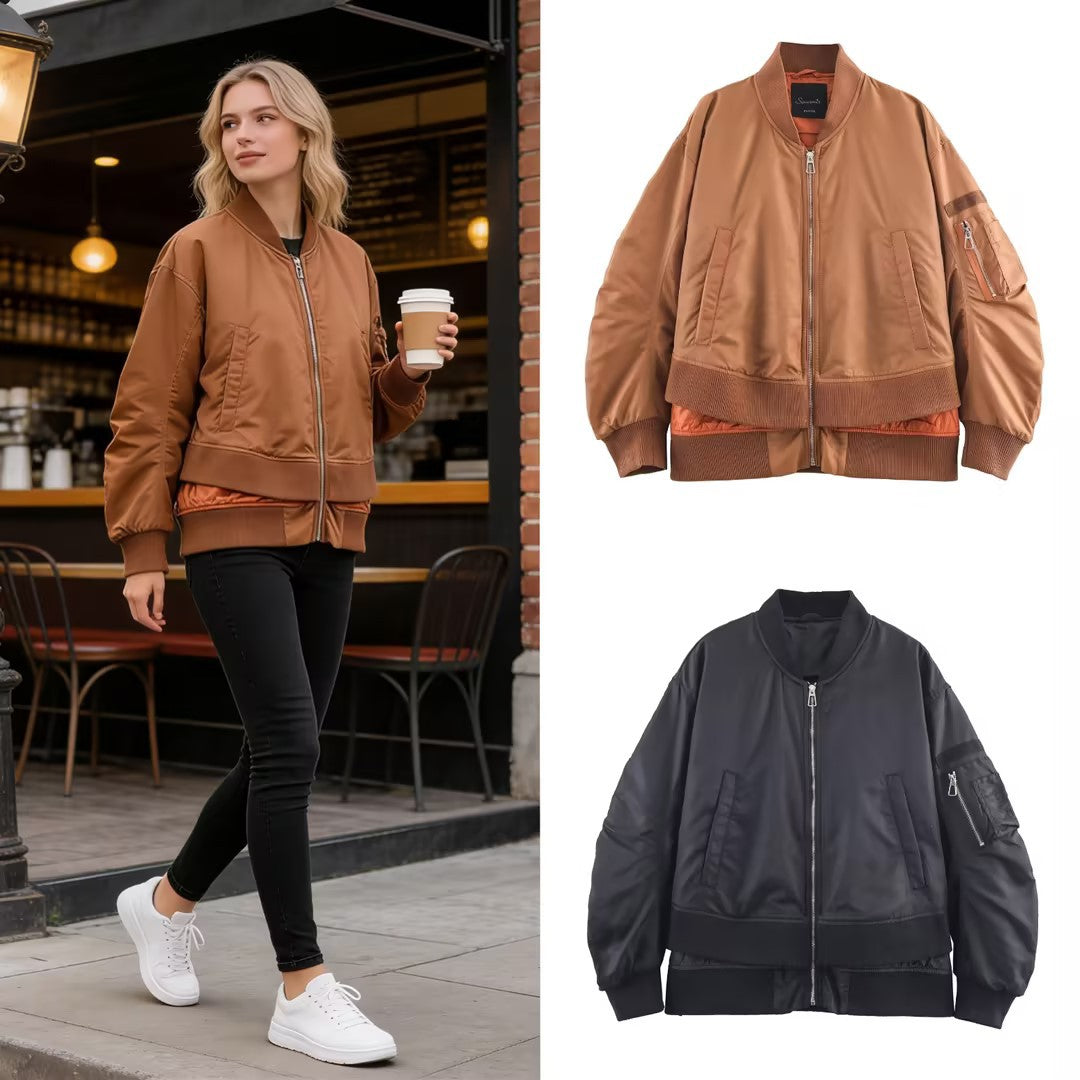 Damen Oversize-Bomberjacke mit wattierter Steppfütterung, Ärmel‑Reißverschlusstasche und breitem Rippbund Drune