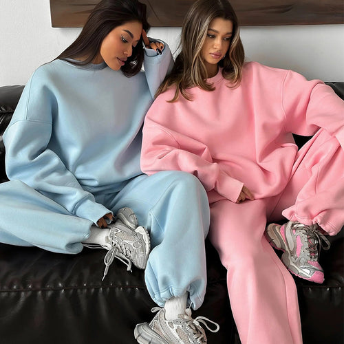 Damen Oversized Lounge-Set aus schwerem Neopren-ähnlichem Fleece mit weitem Raglan-Sweater und gerader Relax-Hose Drune