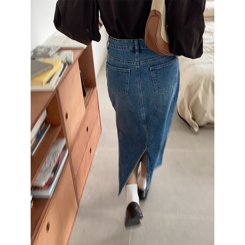 Damen Langer Denimrock mit modischen Taschen Drune