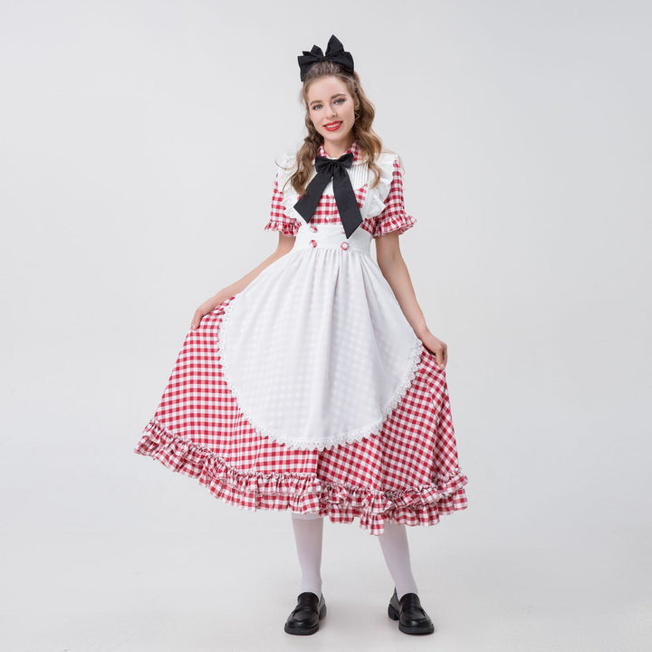 Damen nan Vintage-inspiriertes Karo-Swingkleid mit abnehmbarer Schürze, Rüschenärmeln und Schleifenkragen Drune