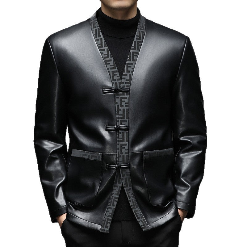 Herren Lederimitat-Cardiganjacke mit KnDruneelverschlüssen und kontrastierendem Schalkragen Drune