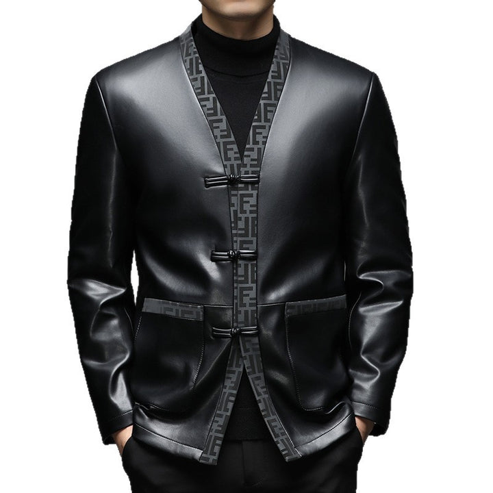 Herren Lederimitat-Cardiganjacke mit KnDruneelverschlüssen und kontrastierendem Schalkragen Drune