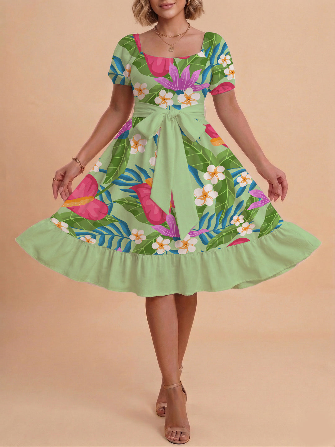 Damen Sommerkleid mit floralem Puffärmel und taillierbarem Gürtel Drune