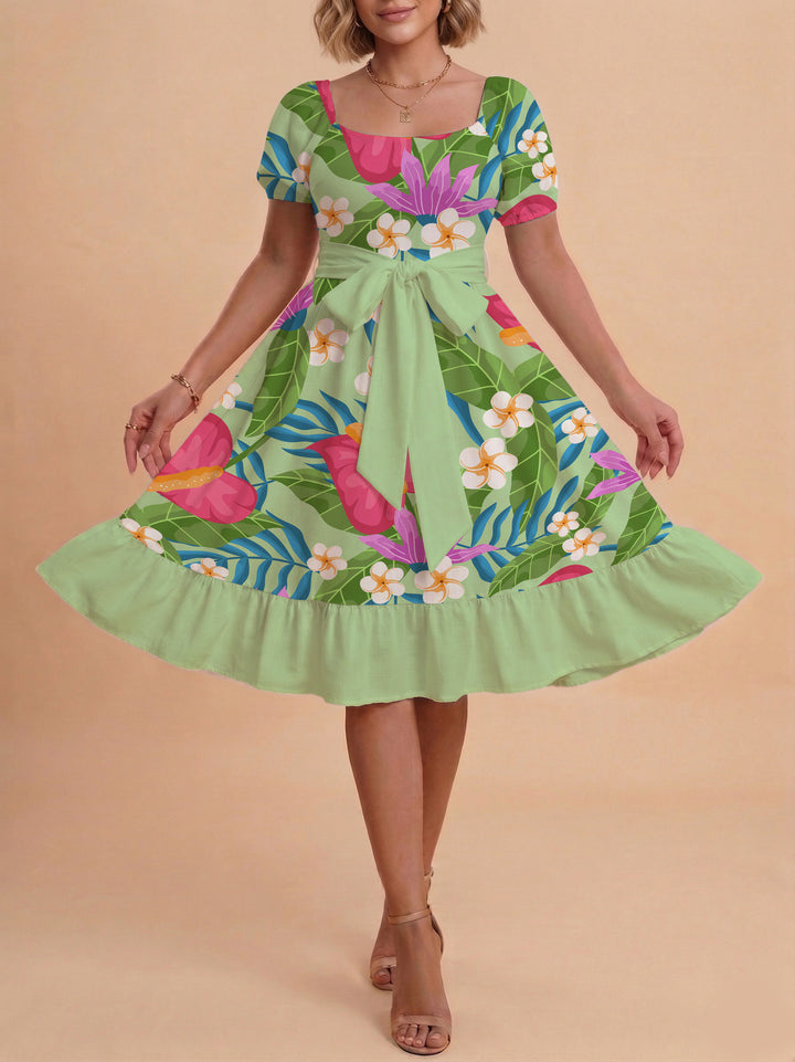 Damen Sommerkleid mit floralem Puffärmel und taillierbarem Gürtel Drune