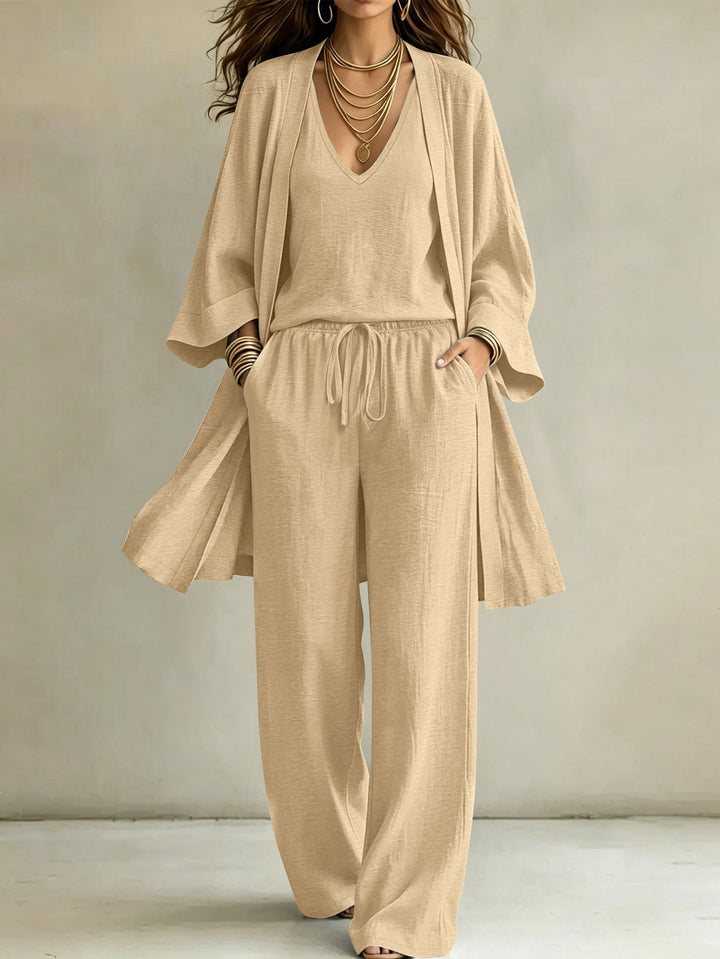 Damen Leichtes Lounge-Set mit Kimono-Cardigan, V‑Ausschnitt-Top und weitem Kordelbund-Hose Drune