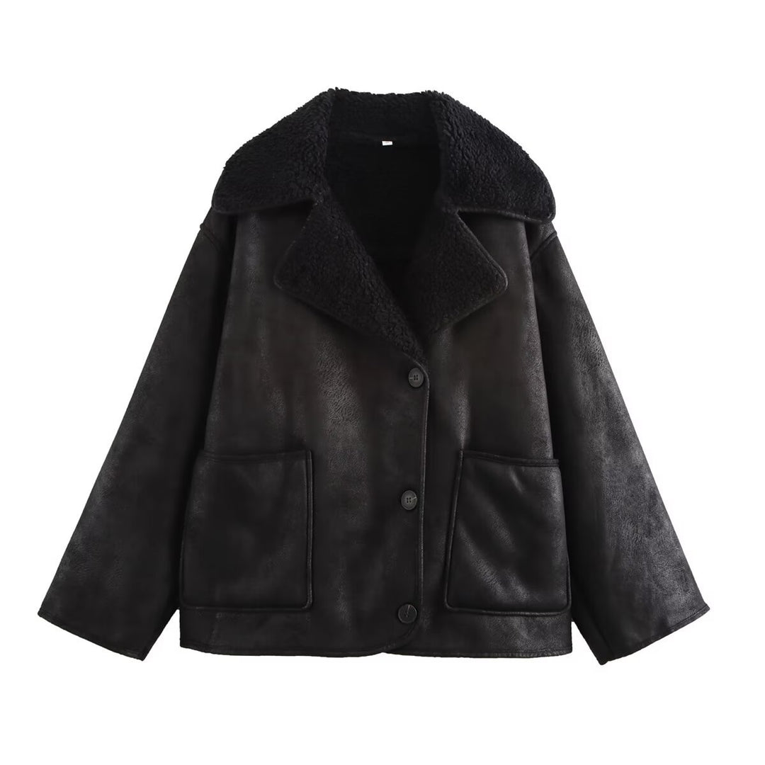Damen Kurz geschnittener Oversized Lammfellimitat-Mantel mit Teddy-Kragen Drune