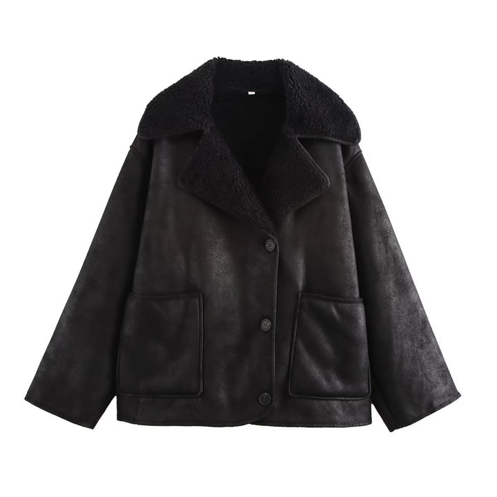 Damen Kurz geschnittener Oversized Lammfellimitat-Mantel mit Teddy-Kragen Drune