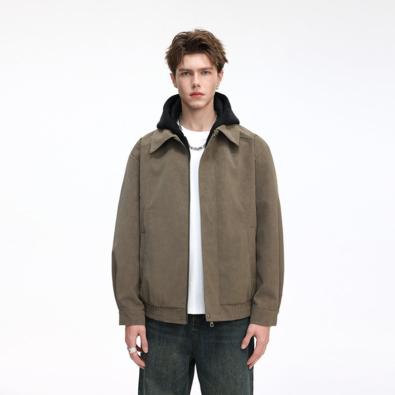Herren Kunstleder-Blouson mit abnehmbarer Kapuze, verdecktem Reißverschluss und elastischem Saum Drune