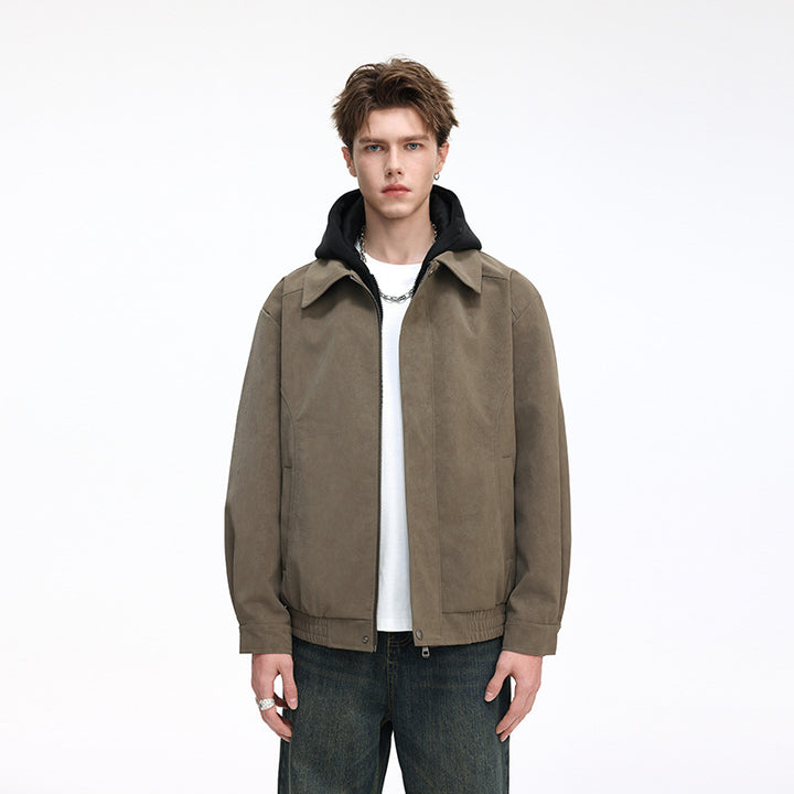 Herren Kunstleder-Blouson mit abnehmbarer Kapuze, verdecktem Reißverschluss und elastischem Saum Drune