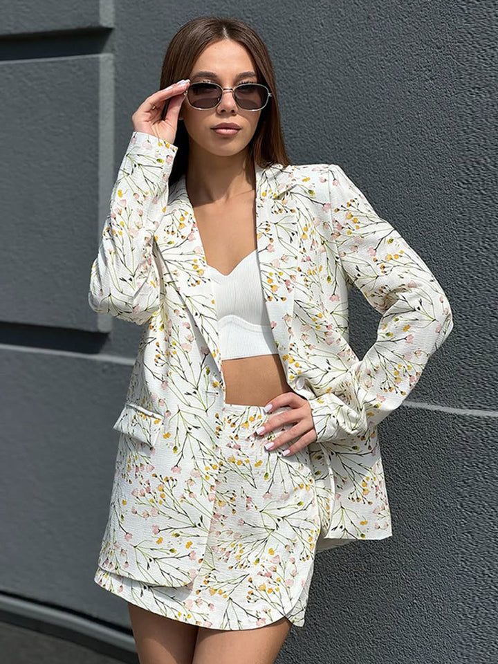 Damen Florales Blazer- und Minirock-Set aus strukturierter Baumwollmischung Drune