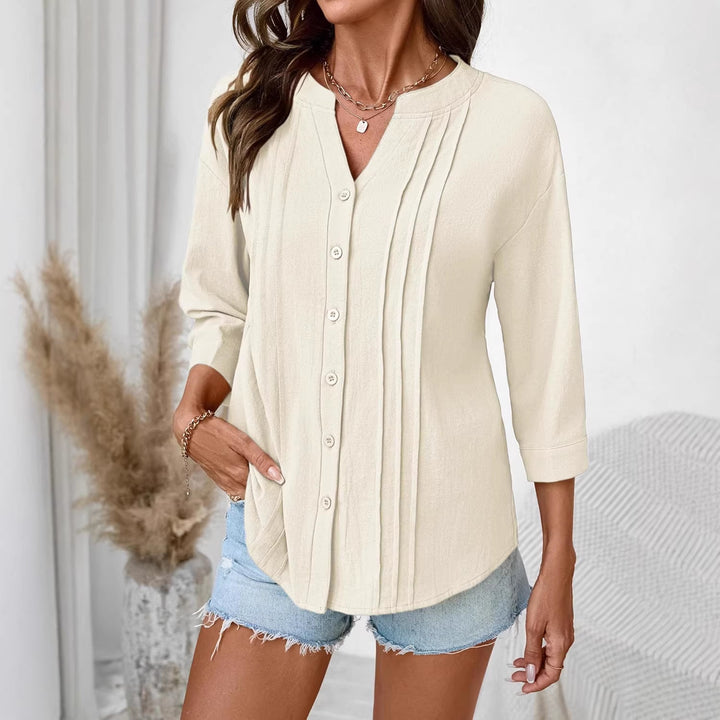 Damen Lockeres Tunikashirt mit Kellerfalten und dreiviertel Ärmeln Drune