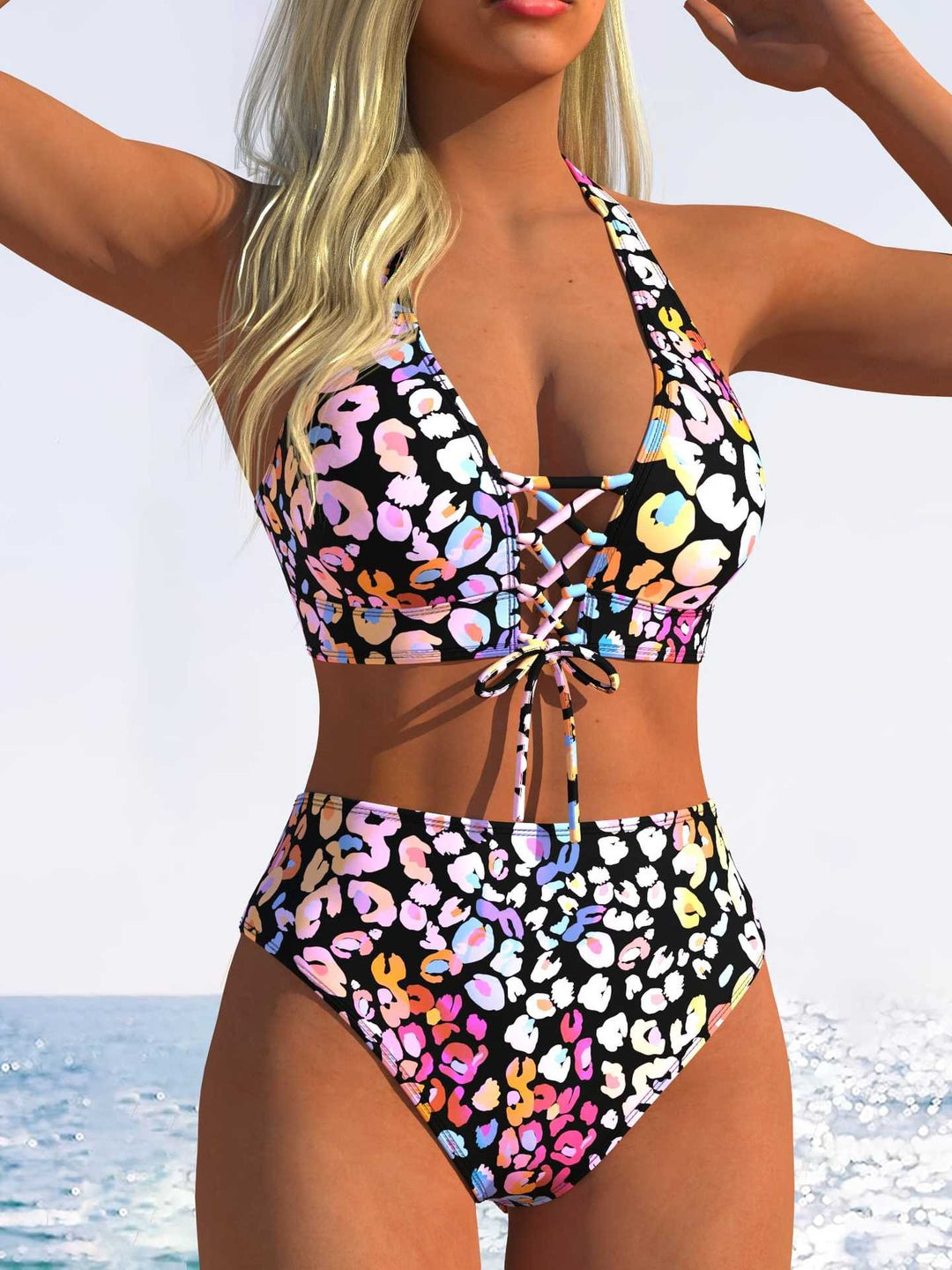 Damen Bikini-Set mit hoch tailliertem Schnitt und verspieltem Schnürdetail Drune