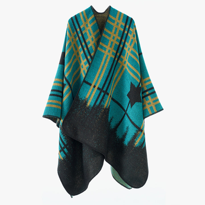 Damen Oversize-Capeponcho aus Wollmix mit Stern- und Karojacquard und weichfallendem Fall Drune
