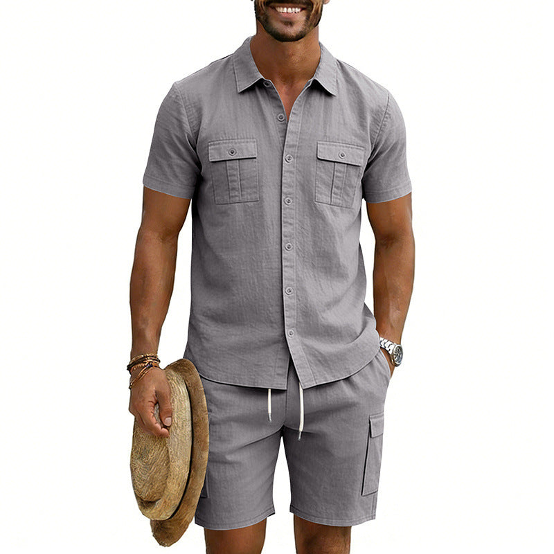 Herren nan sommerliches Freizeitset aus Baumwoll-Leinenmix mit Kurzarm-Hemd und Cargo-Shorts Drune