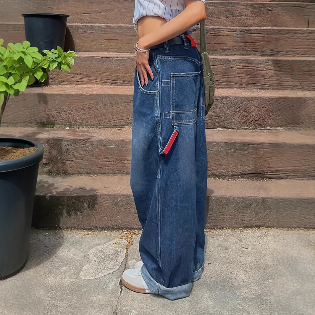 Damen Weit geschnittene Denim-Hose im lässigen Stil mit hohem Bund Drune