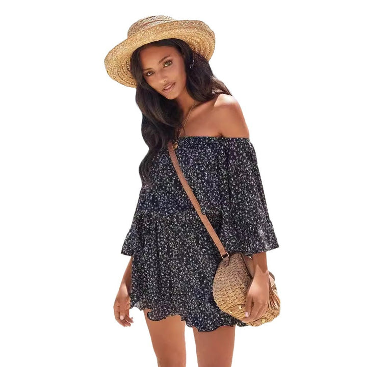 Damen Off-Shoulder Sommerkleid mit Rüschenärmeln und elastischem Bund Drune