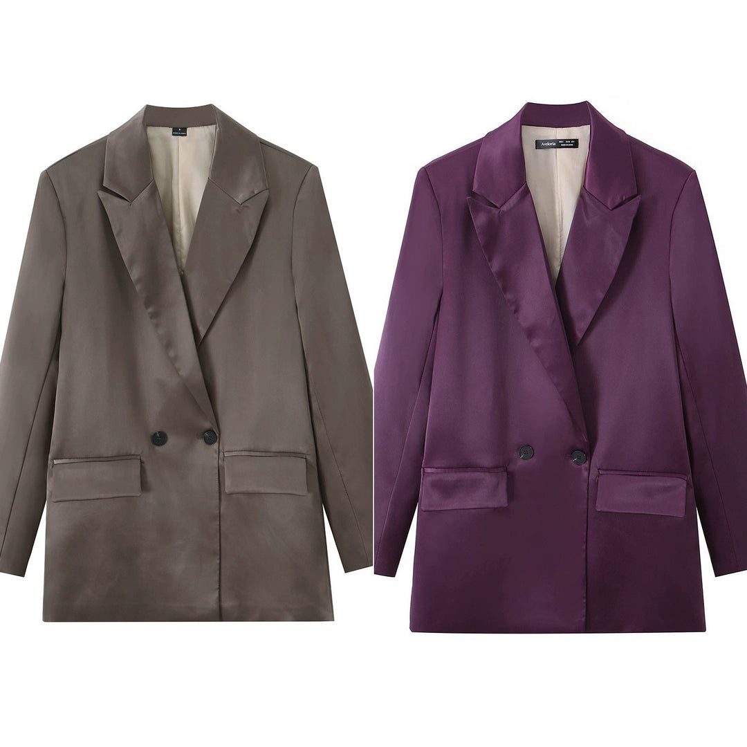 Damen Satin-Longblazer mit doppelreihiger Knopfleiste, Schalkragen und Pattentaschen Drune