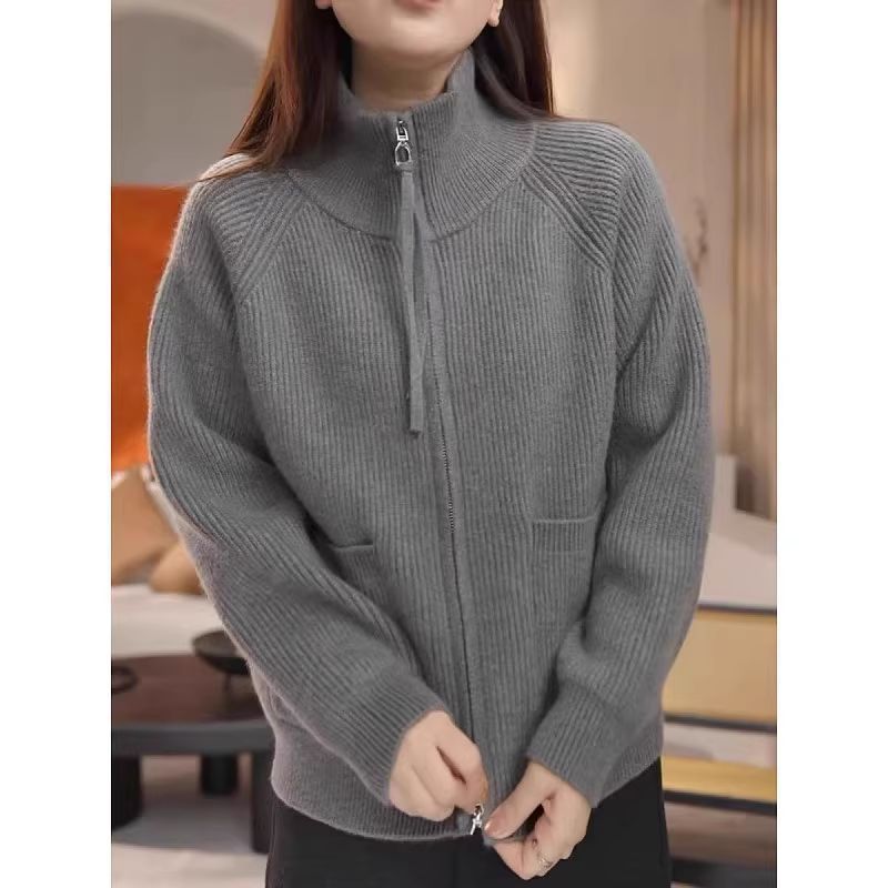 Damen lässiger Zip-Pullover mit strukturiertem Rippenmuster Drune