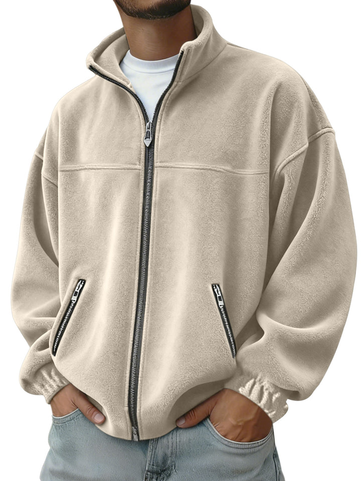Herren Oversize Fleecejacke mit Stehkragen, durchgehendem Reißverschluss und Reißverschlusstaschen EB