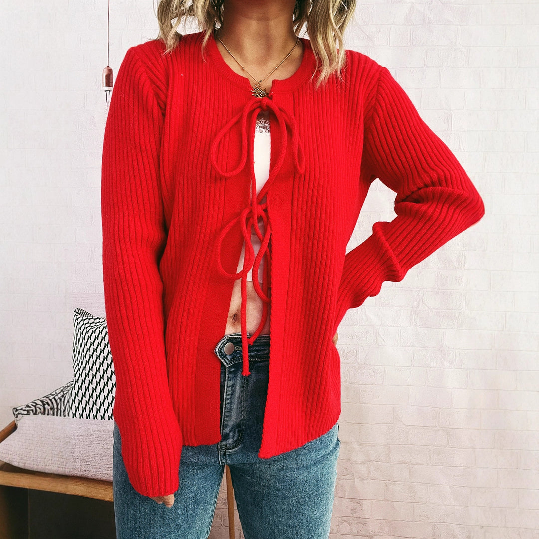 Damen modische Strickjacke mit raffiniertem Kordelzug und breiten Ärmeln Drune