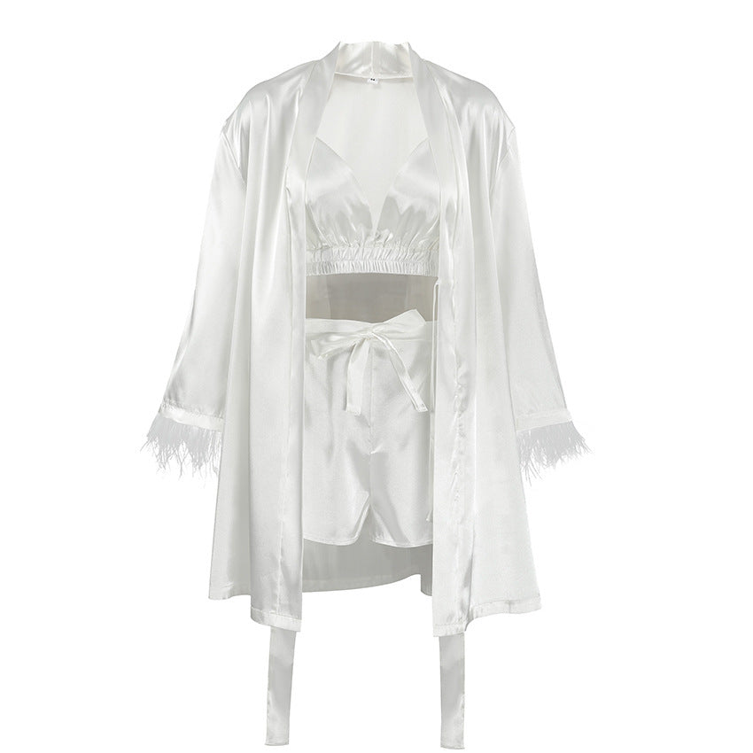 Damen luxuriöses Satin-Loungewear-Set mit eleganten Rüschendetails und Atmungsaktiven Shorts Drune