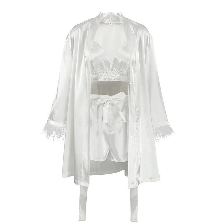 Damen luxuriöses Satin-Loungewear-Set mit eleganten Rüschendetails und Atmungsaktiven Shorts Drune