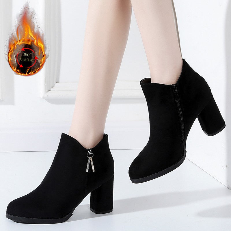 Damen Wärmende Samtvelours-Stiefeletten mit hohem Blockabsatz und seitlichem Reißverschluss Drune