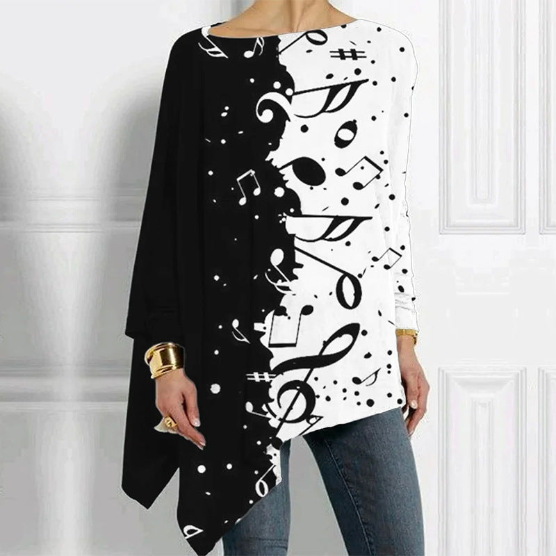 Damen Asymmetrisches Musikprint-Longsleeve mit Klavier- und Notenmotiv Drune
