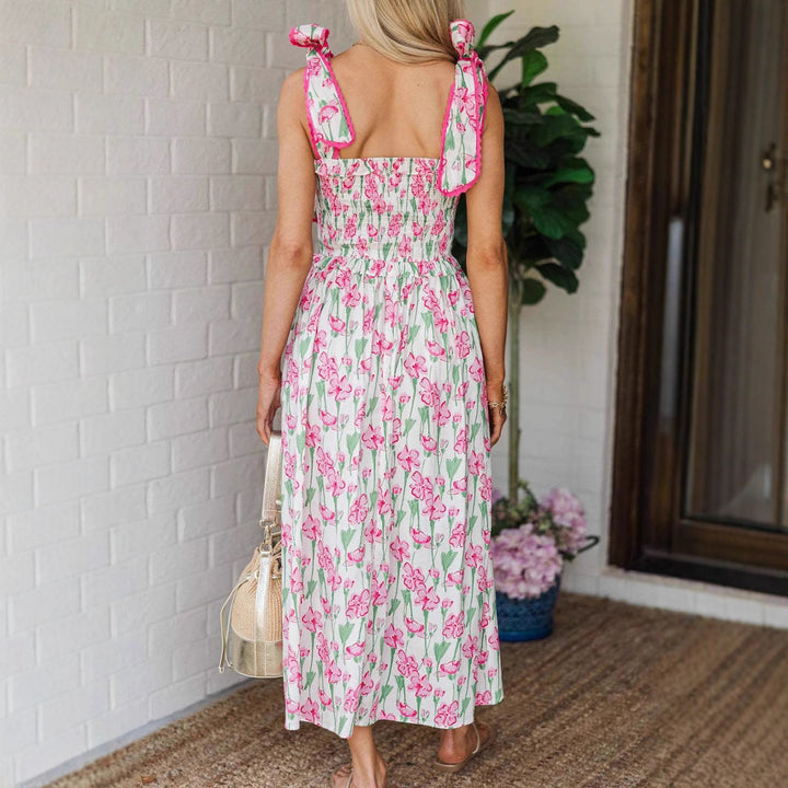 Damen Sommerkleid mit Raffung und schulterlangen Bindebändern Drune