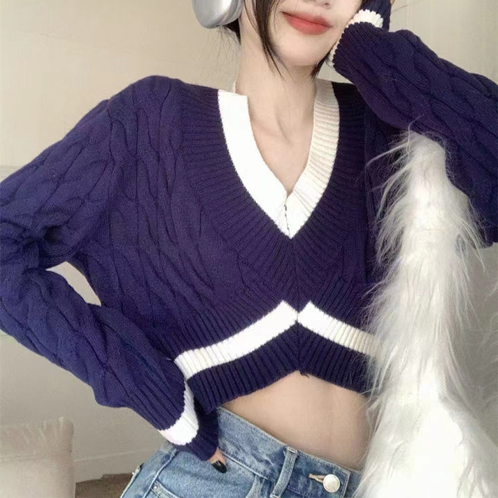 Damen stylischer cropped Pullover mit V-Ausschnitt und Zopfmuster Drune