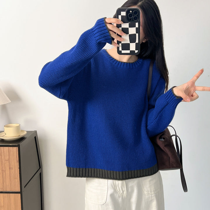Damen lässiger Strickpullover mit Rippstruktur und Kontrastdetails Drune