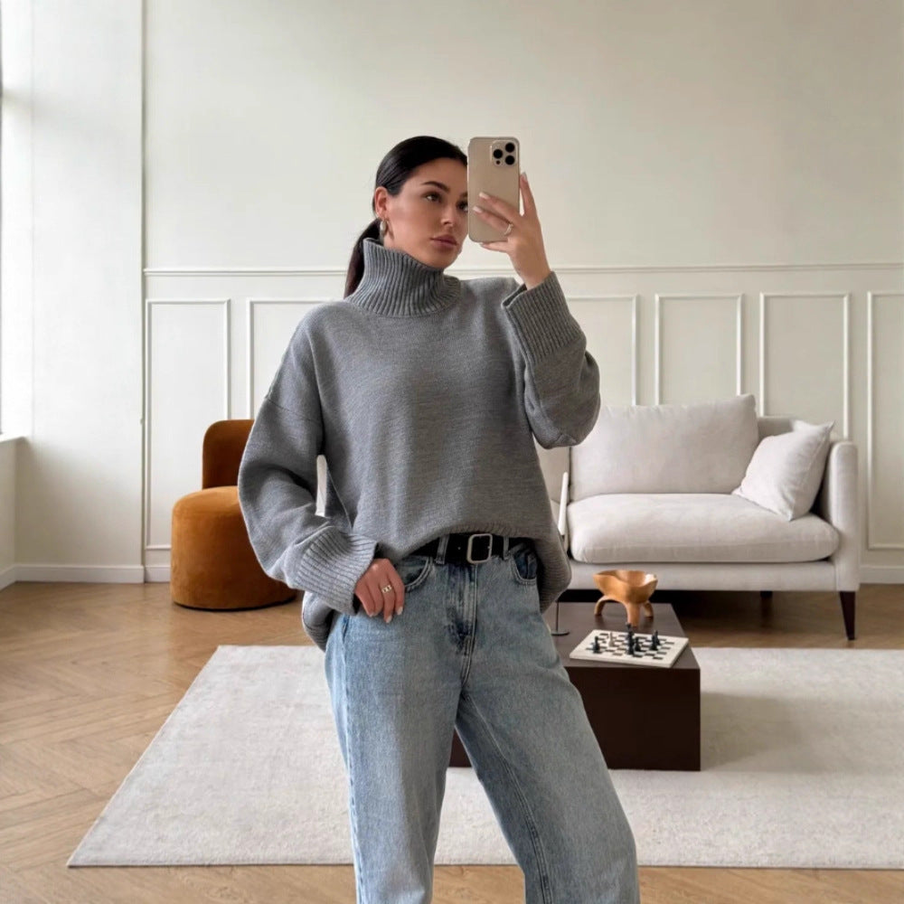 Damen Modischer Oversized Pullover mit hohem Kragen Drune